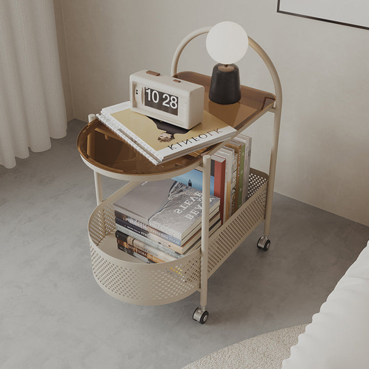 Contemporary Scandinavian Glass Iron Arched Mobile Side Table With 2-Tier For Living Room