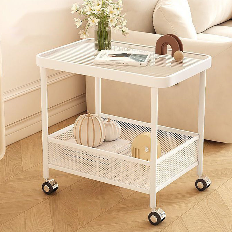 Modern Minimalist Glass Stainless Steel Mobile Rectangular Side Table 2-Tier For Living Room