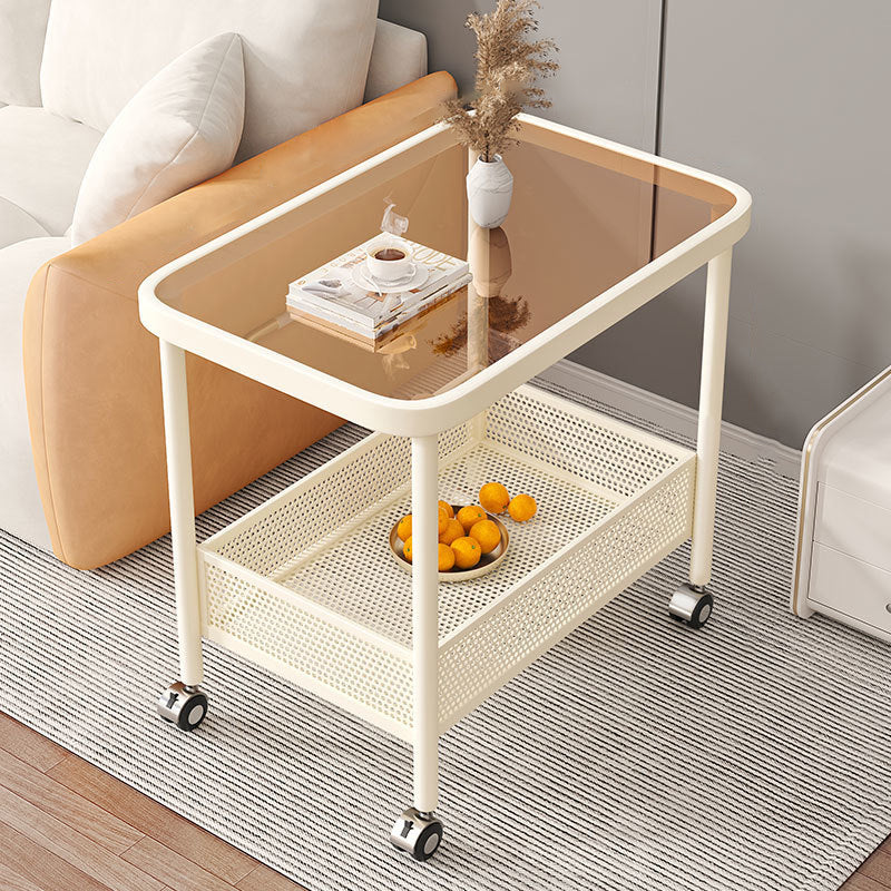 Modern Minimalist Glass Stainless Steel Mobile Rectangular Side Table 2-Tier For Living Room