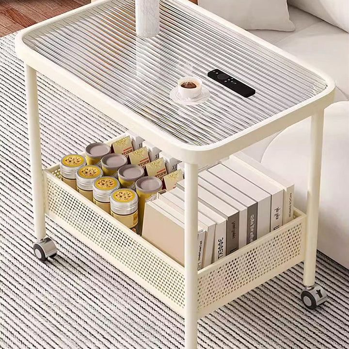Modern Minimalist Glass Stainless Steel Mobile Rectangular Side Table 2-Tier For Living Room