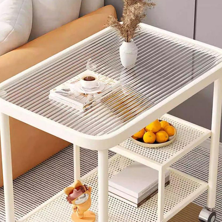Modern Minimalist Glass Stainless Steel Mobile Rectangular Side Table 2-Tier For Living Room