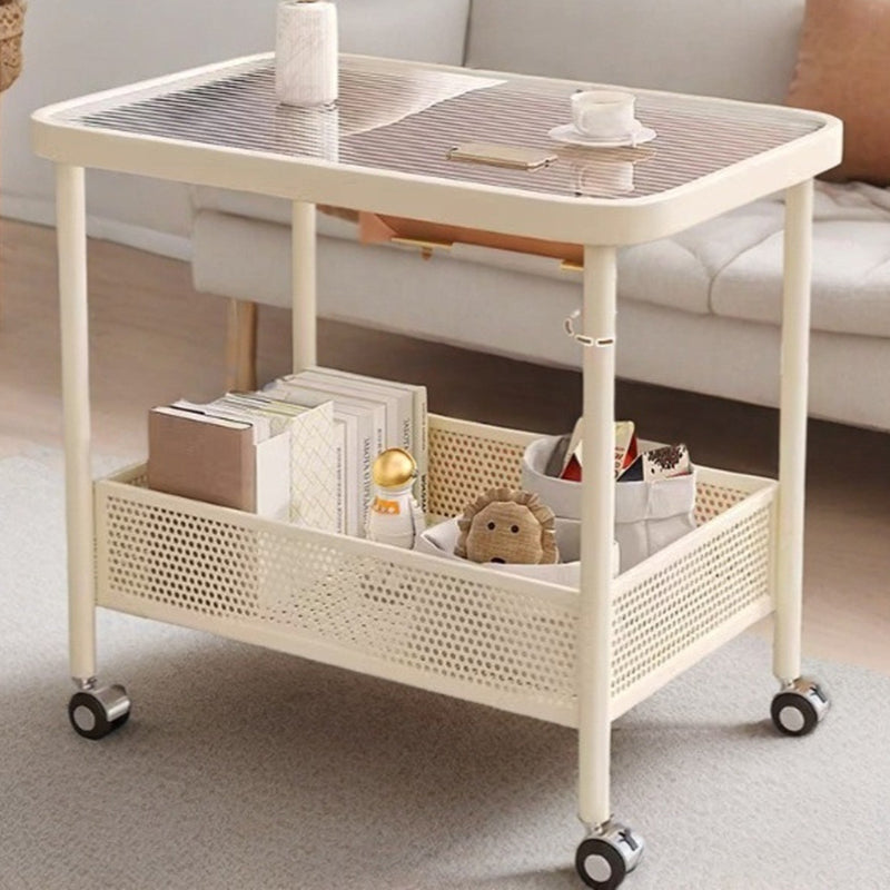 Modern Minimalist Glass Stainless Steel Mobile Rectangular Side Table 2-Tier For Living Room