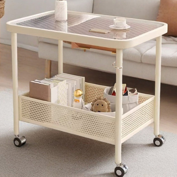 Modern Minimalist Glass Stainless Steel Mobile Rectangular Side Table 2-Tier For Living Room