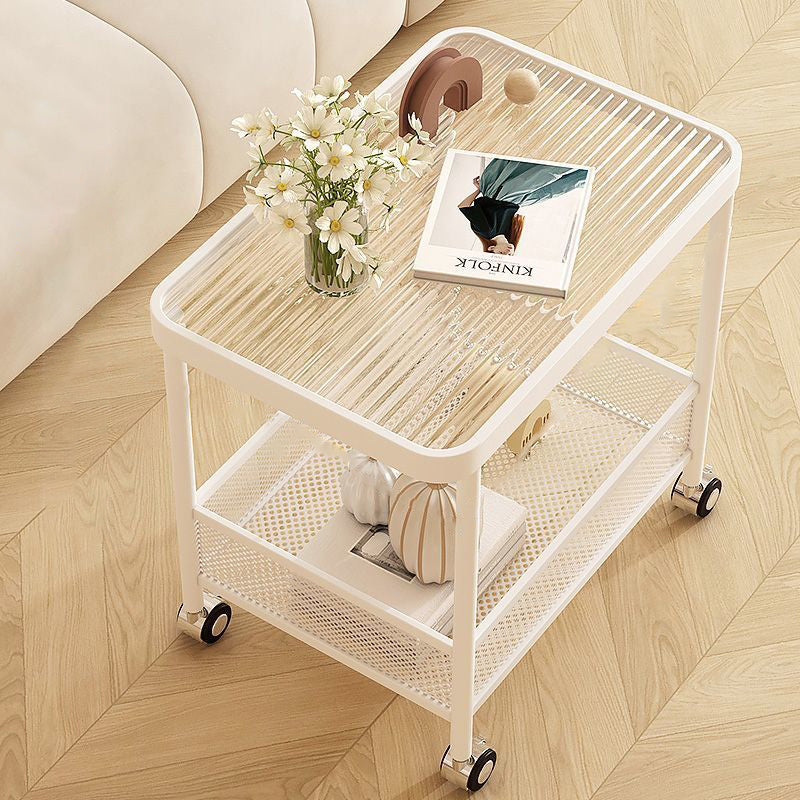 Modern Minimalist Glass Stainless Steel Mobile Rectangular Side Table 2-Tier For Living Room