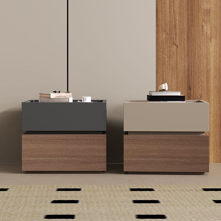 Modern Luxury Solid Wood Metal Square Nightstand 2-Drawer For Bedroom