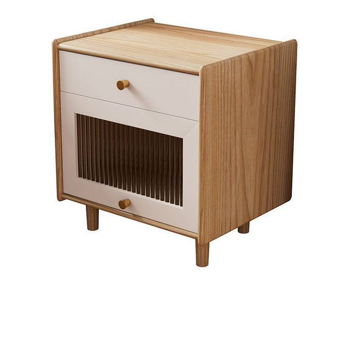 Table de nuit carrée traditionnelle japonaise en bois massif avec verre et laiton texturé à 2 tiroirs pour chambre 