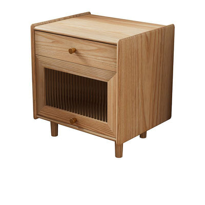 Table de nuit carrée traditionnelle japonaise en bois massif avec verre et laiton texturé à 2 tiroirs pour chambre 