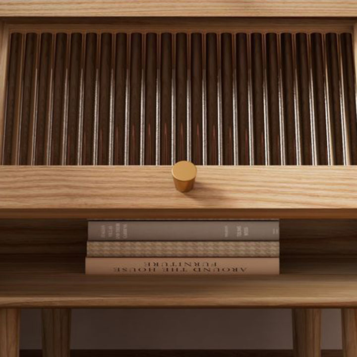 Table de nuit carrée traditionnelle japonaise en bois massif avec verre et laiton texturé à 2 tiroirs pour chambre 