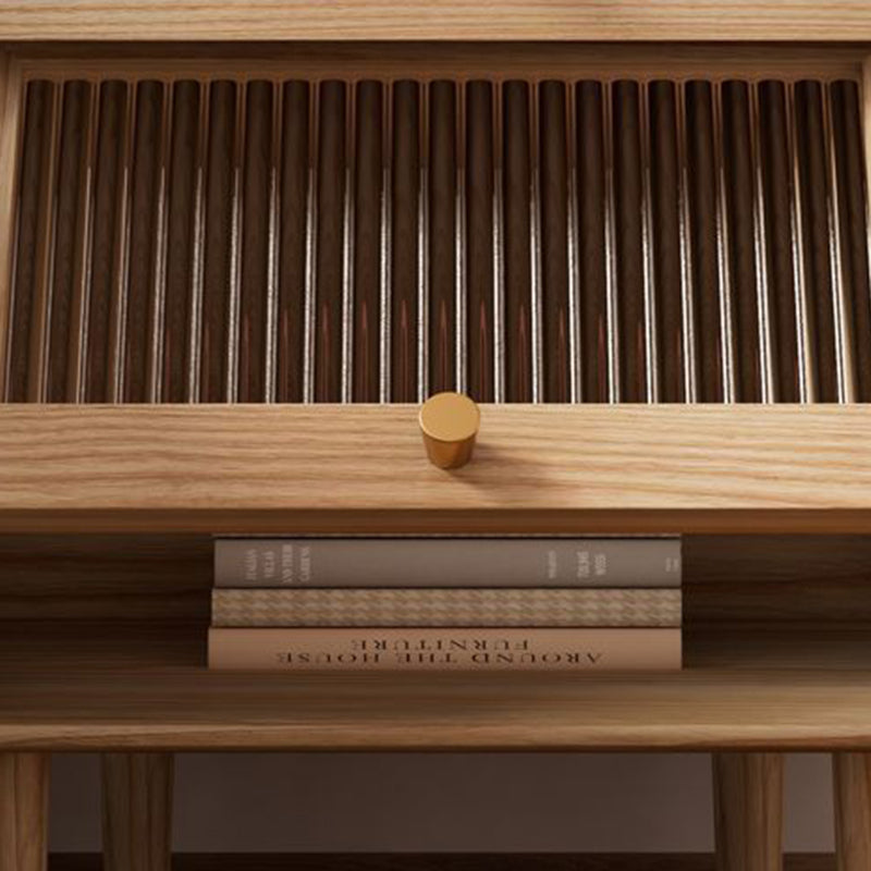 Table de nuit carrée traditionnelle japonaise en bois massif avec verre et laiton texturé à 2 tiroirs pour chambre 
