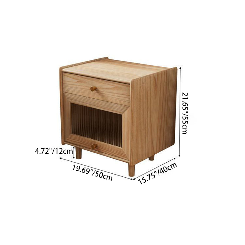 Table de nuit carrée traditionnelle japonaise en bois massif avec verre et laiton texturé à 2 tiroirs pour chambre 