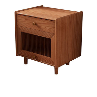Table de nuit carrée traditionnelle japonaise en bois massif avec verre et laiton texturé à 2 tiroirs pour chambre 