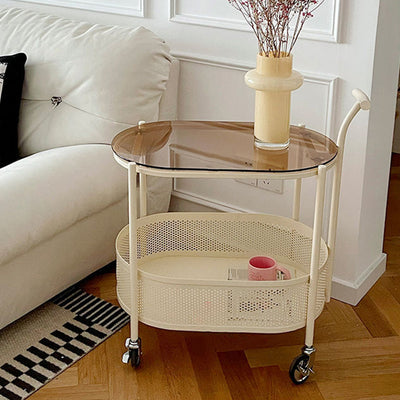 Table d'appoint mobile ovale en métal et verre trempé minimaliste moderne à 2 niveaux pour salon 