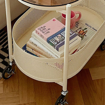 Table d'appoint mobile ovale en métal et verre trempé minimaliste moderne à 2 niveaux pour salon 