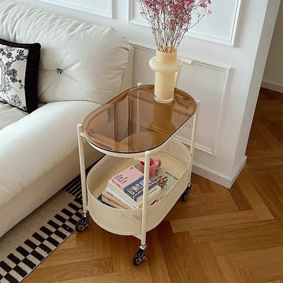 Table d'appoint mobile ovale en métal et verre trempé minimaliste moderne à 2 niveaux pour salon 