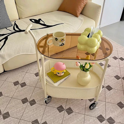 Table d'appoint mobile ovale en métal et verre trempé minimaliste moderne à 2 niveaux pour salon 