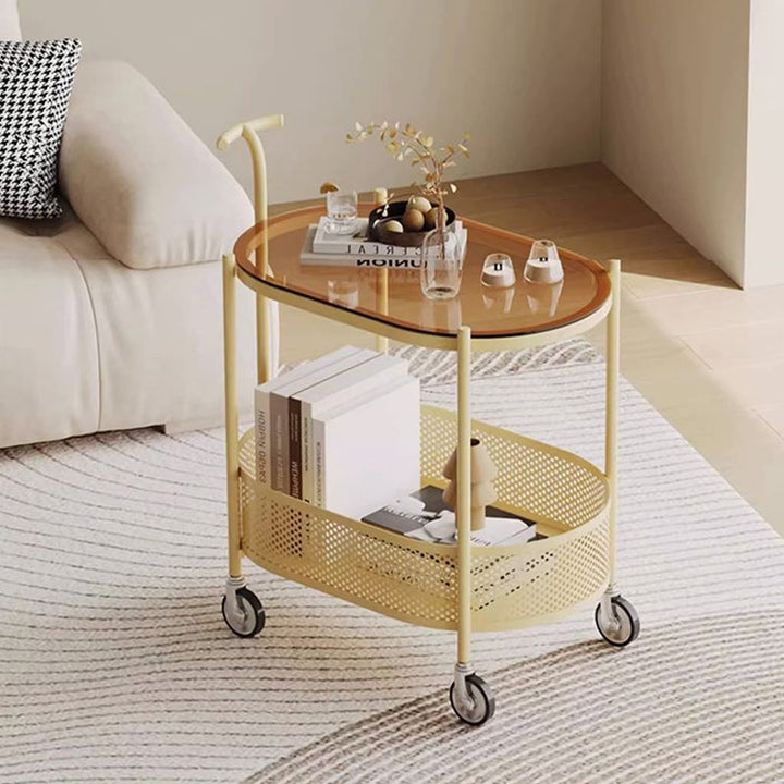 Modern Minimalist Tempered Glass Metal Oval Mobile End Table 2-Tier For Living Room