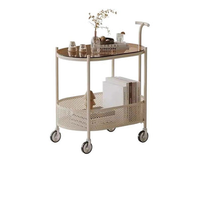 Table d'appoint mobile ovale en métal et verre trempé minimaliste moderne à 2 niveaux pour salon 