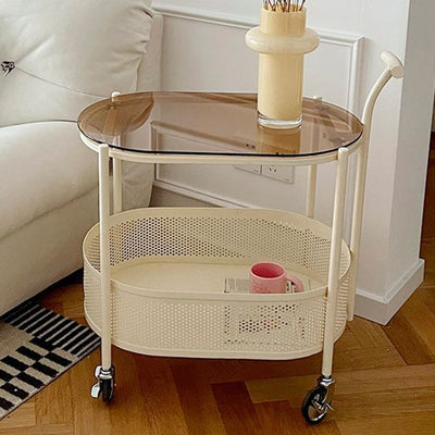 Table d'appoint mobile ovale en métal et verre trempé minimaliste moderne à 2 niveaux pour salon 