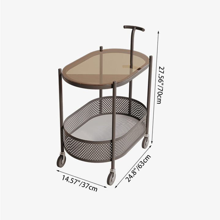 Mesa auxiliar móvil ovalada de metal y vidrio templado minimalista moderna de 2 niveles para sala de estar 