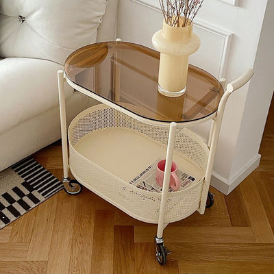 Table d'appoint mobile ovale en métal et verre trempé minimaliste moderne à 2 niveaux pour salon 