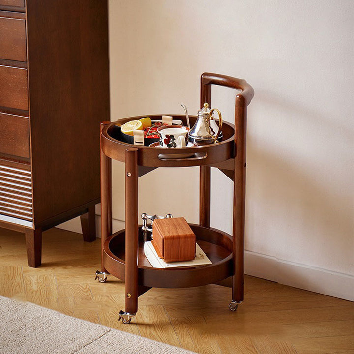 Mesa Auxiliar Redonda de Cilindro Curvado de Madera Maciza Vintage Tradicional con 2 Niveles para Sala de Estar 