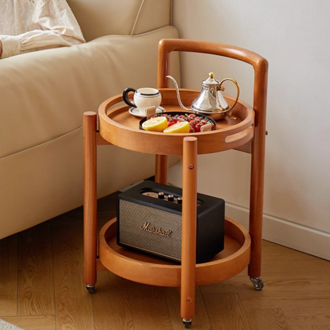Mesa Auxiliar Redonda de Cilindro Curvado de Madera Maciza Vintage Tradicional con 2 Niveles para Sala de Estar 