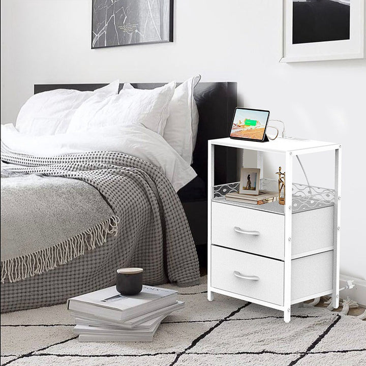 Mesa Auxiliar Rectangular de Madera Maciza Vintage Tradicional con Textura Metálica y 2 Cajones para Dormitorio 