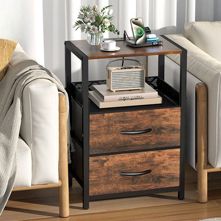 Mesa Auxiliar Rectangular de Madera Maciza Vintage Tradicional con Textura Metálica y 2 Cajones para Dormitorio 