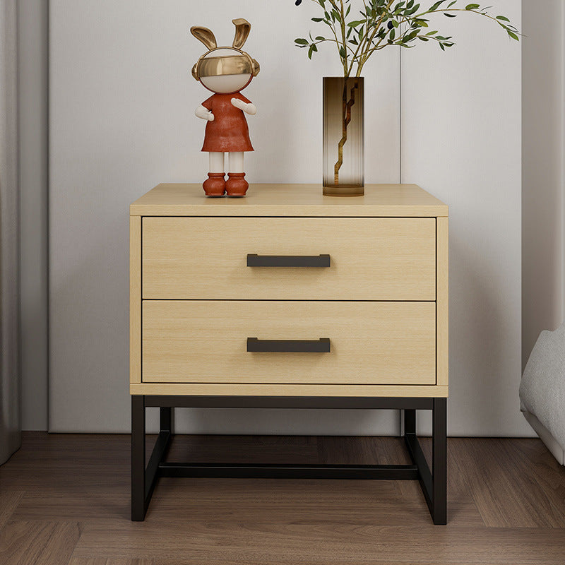 Mesita de noche cuadrada moderna minimalista de madera y metal con 2 cajones para dormitorio 