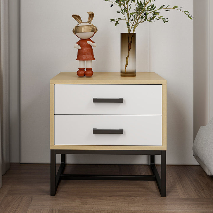 Mesita de noche cuadrada moderna minimalista de madera y metal con 2 cajones para dormitorio 