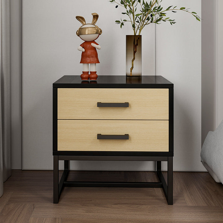 Mesita de noche cuadrada moderna minimalista de madera y metal con 2 cajones para dormitorio 