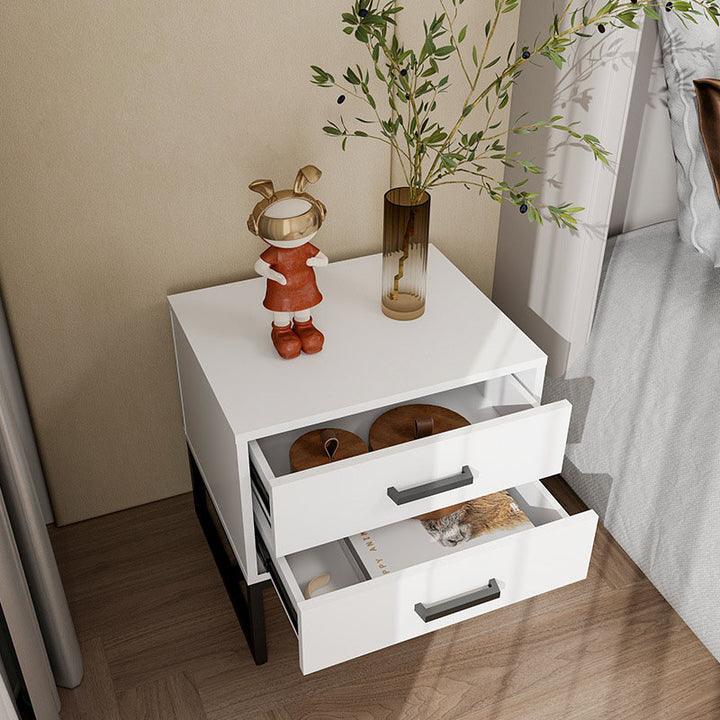 Mesita de noche cuadrada moderna minimalista de madera y metal con 2 cajones para dormitorio 