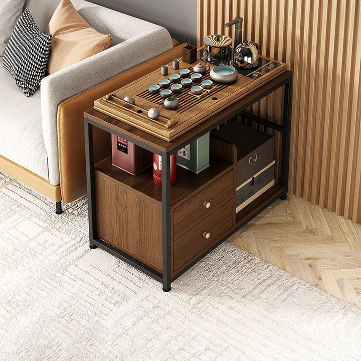 Mesa auxiliar contemporánea escandinava de madera y acero con forma de rectángulo redondeado y 3 niveles para sala de estar 