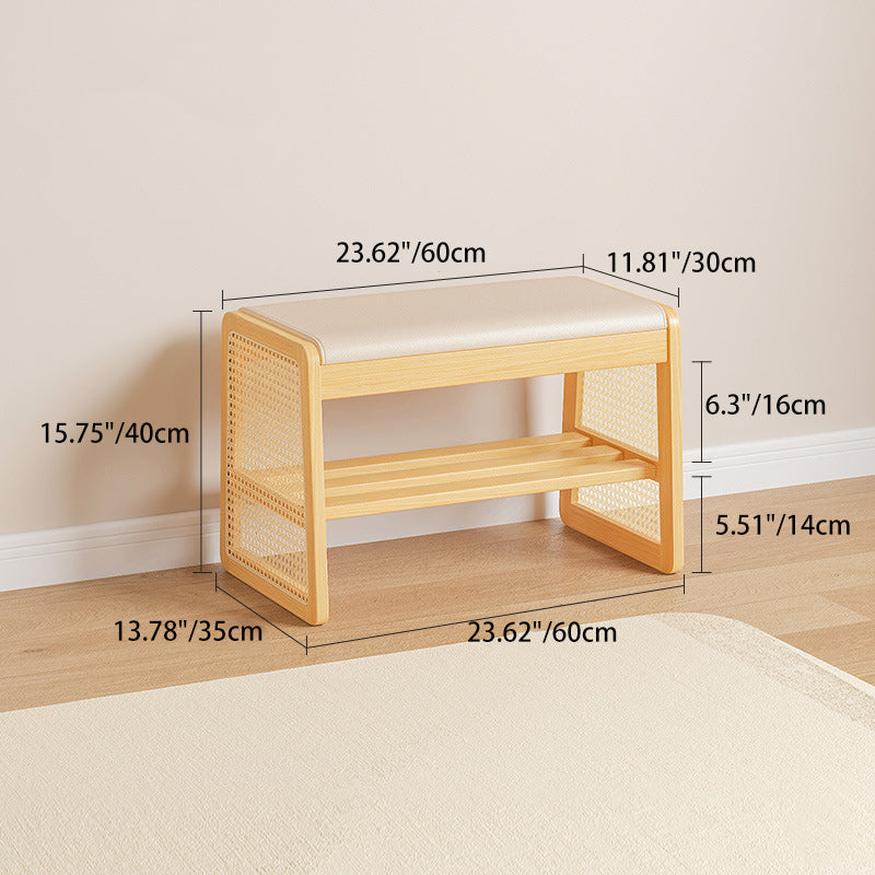 Banc repose-pieds trapézoïdal en bois massif avec étagère en cuir PU vintage traditionnel pour salon 