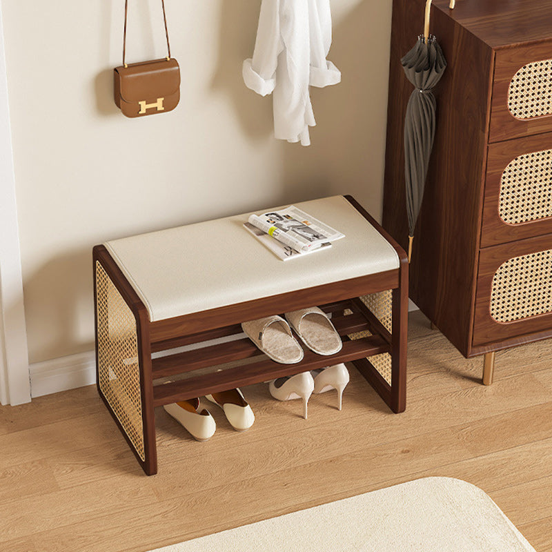 Banc repose-pieds trapézoïdal en bois massif avec étagère en cuir PU vintage traditionnel pour salon 
