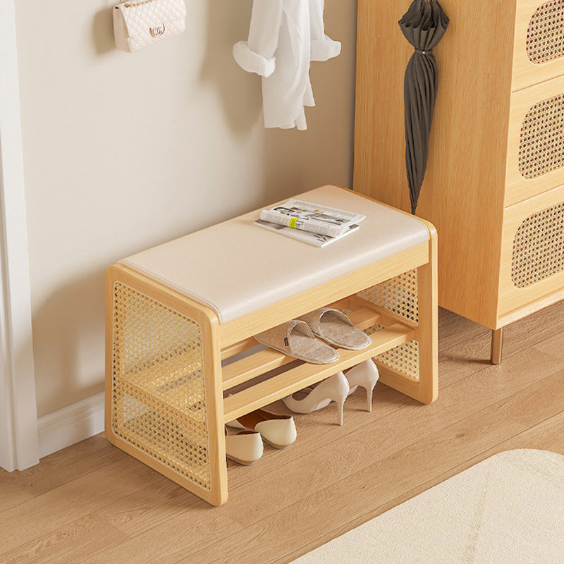 Banc repose-pieds trapézoïdal en bois massif avec étagère en cuir PU vintage traditionnel pour salon 