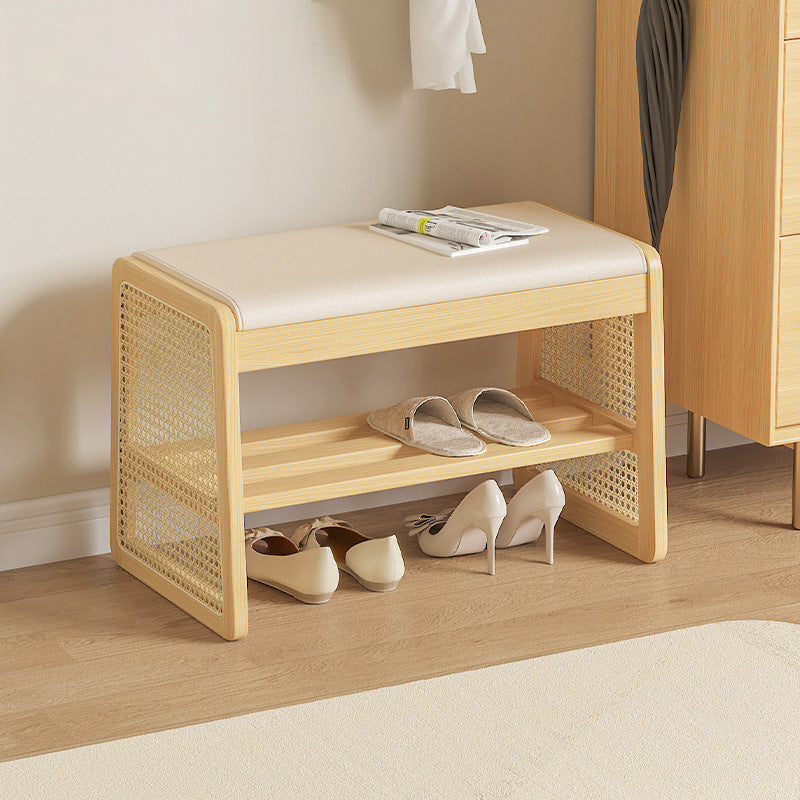 Taburete trapezoidal de madera maciza con cuero PU vintage tradicional con 1 estante para sala de estar 