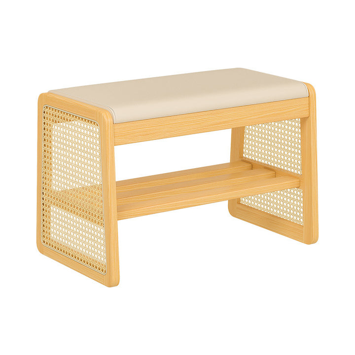 Banc repose-pieds trapézoïdal en bois massif avec étagère en cuir PU vintage traditionnel pour salon 