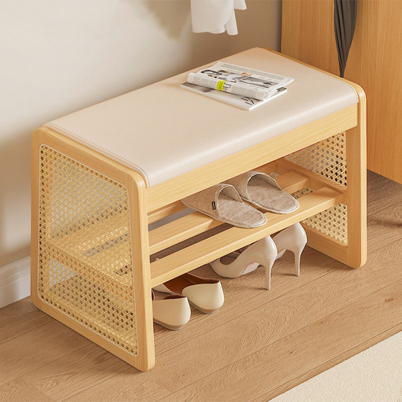 Banc repose-pieds trapézoïdal en bois massif avec étagère en cuir PU vintage traditionnel pour salon 