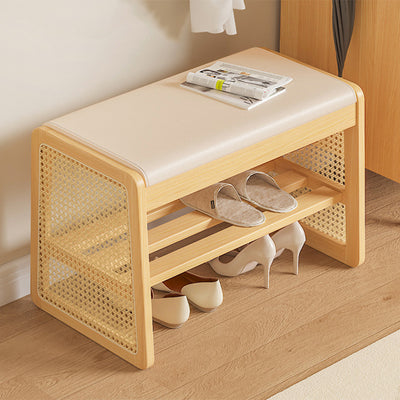 Taburete trapezoidal de madera maciza con cuero PU vintage tradicional con 1 estante para sala de estar 