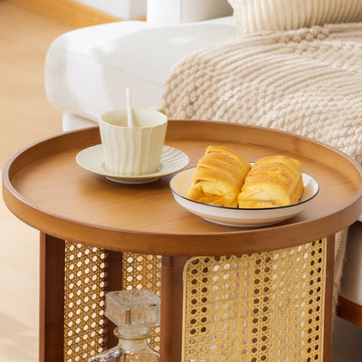 Traditional Japanese Rattan Bamboo Round Hollow End Table With 2-Tier For Living Room