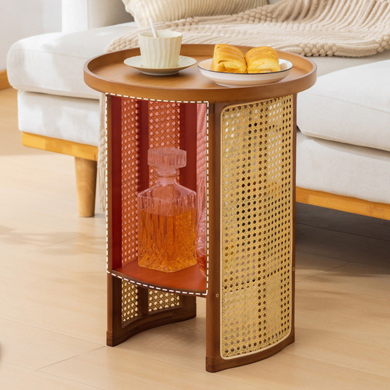 Traditional Japanese Rattan Bamboo Round Hollow End Table With 2-Tier For Living Room