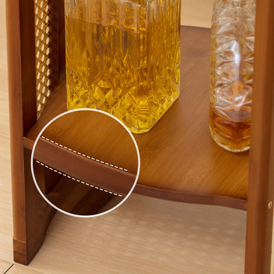 Traditional Japanese Rattan Bamboo Round Hollow End Table With 2-Tier For Living Room