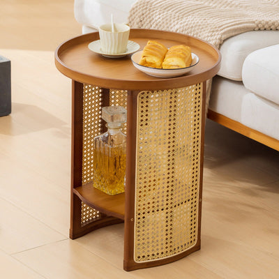 Traditional Japanese Rattan Bamboo Round Hollow End Table With 2-Tier For Living Room