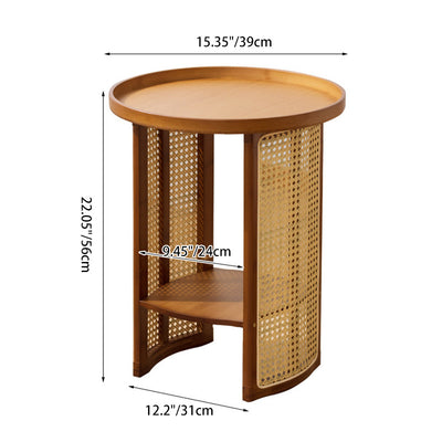 Traditional Japanese Rattan Bamboo Round Hollow End Table With 2-Tier For Living Room