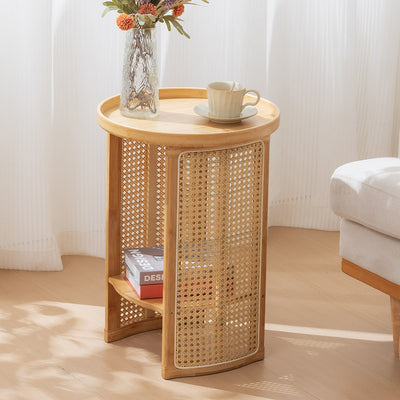 Traditional Japanese Rattan Bamboo Round Hollow End Table With 2-Tier For Living Room