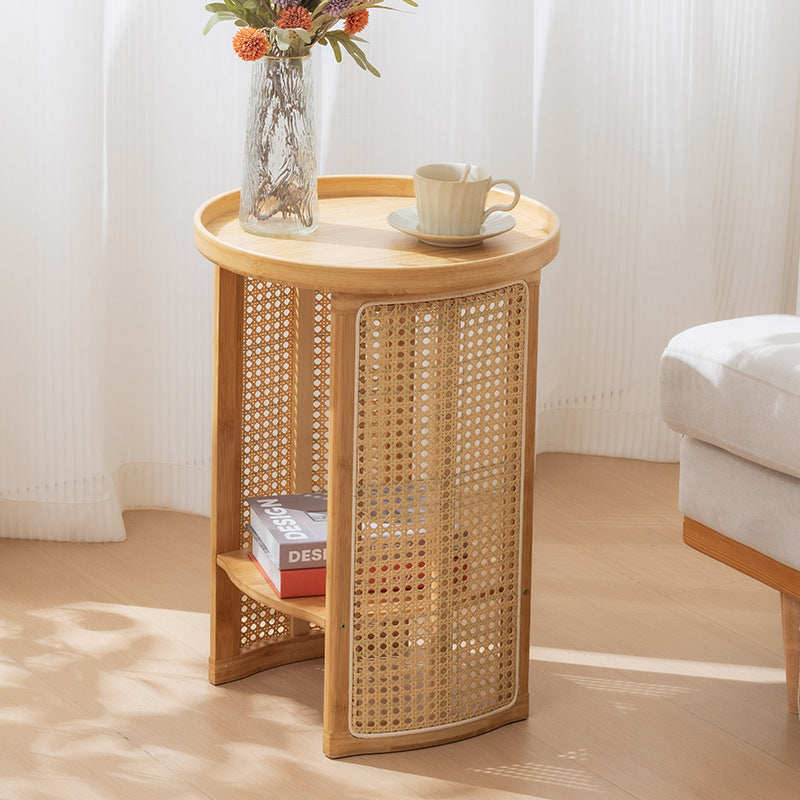 Traditional Japanese Rattan Bamboo Round Hollow End Table With 2-Tier For Living Room
