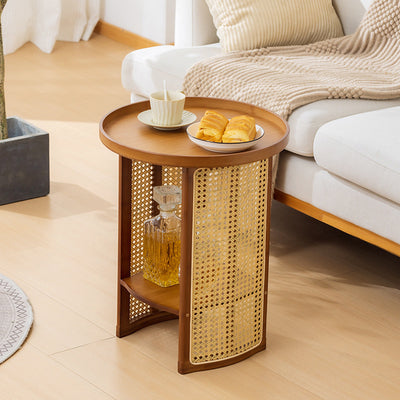 Traditional Japanese Rattan Bamboo Round Hollow End Table With 2-Tier For Living Room