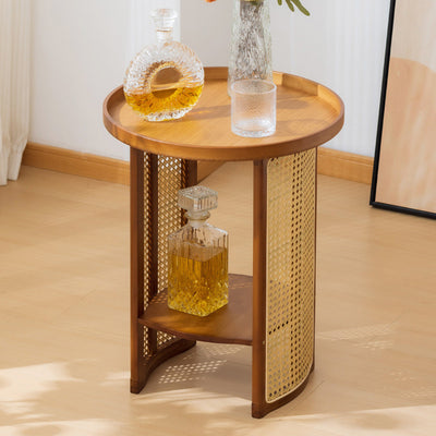 Traditional Japanese Rattan Bamboo Round Hollow End Table With 2-Tier For Living Room