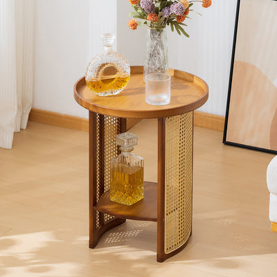 Traditional Japanese Rattan Bamboo Round Hollow End Table With 2-Tier For Living Room